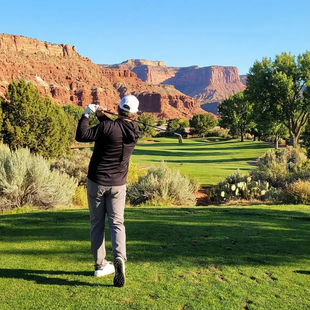 Golfer mid-swing at a Utah desert course with towering red rock canyon walls behind him